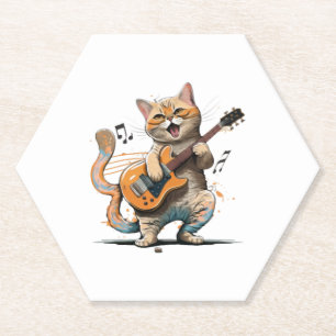 Posavasos De Papel Camiseta de gato lindo tocando Guitarra, Gato geni