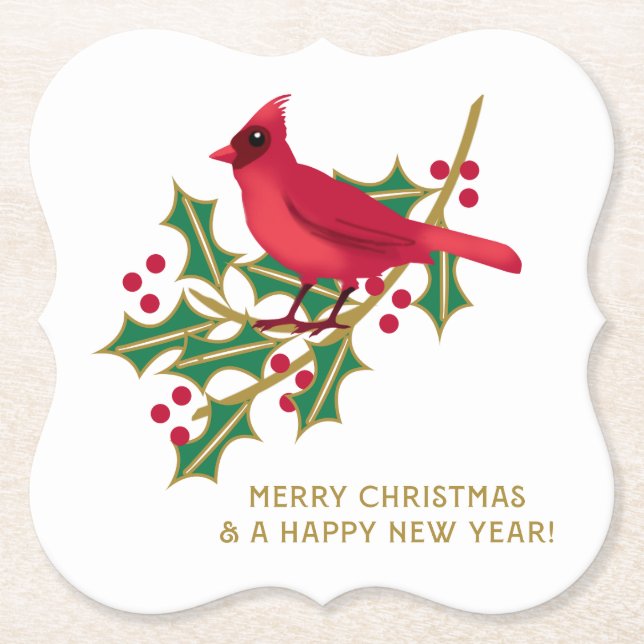 Posavasos De Papel Cardenales rojos Navidades Holly Berries Papel de  (Anverso)
