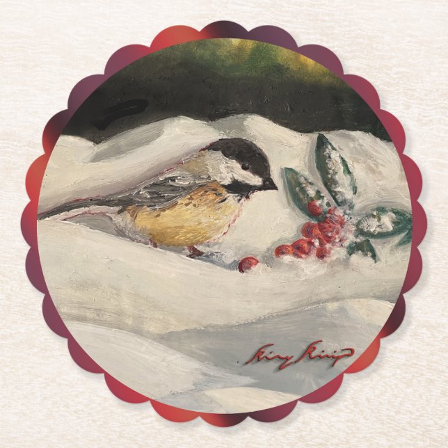Posavasos De Papel Carol el Chick-a-Dee con Muérdago  (Anverso)