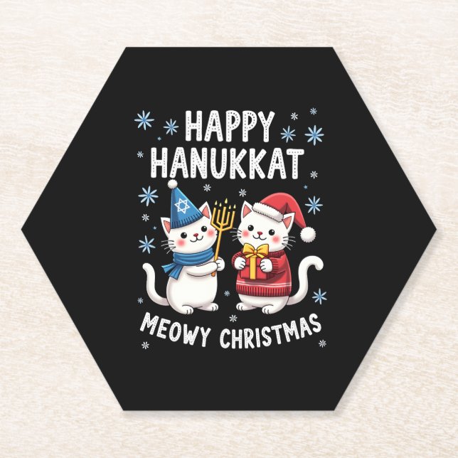 Posavasos De Papel Cat Merry Christmas Happy Hanukkah Jewish Christia (Anverso)