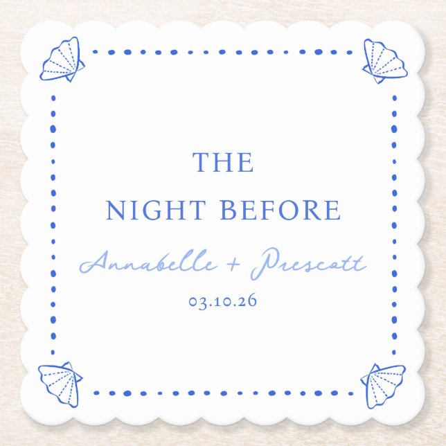 Posavasos De Papel Cena de Ensayo Personalizada Azul Chic Costero (Anverso)