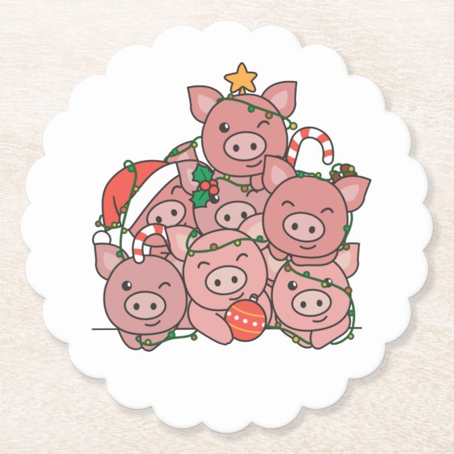 Posavasos De Papel Cerdo Árbol de Navidad Divertidos Navidades de ani (Anverso)