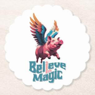 Posavasos De Papel Cerdo lindo con alas coloridas   Creer en la magia