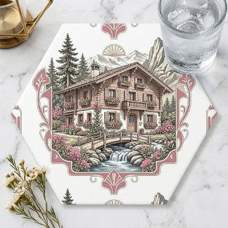 Posavasos De Papel Chalet Campestre Alpino de Nieve Pinos Vintage