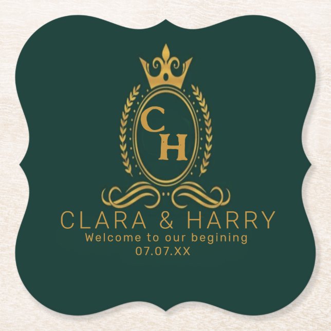 Posavasos De Papel Champagne gold minimal  lettering green weeding (Anverso)