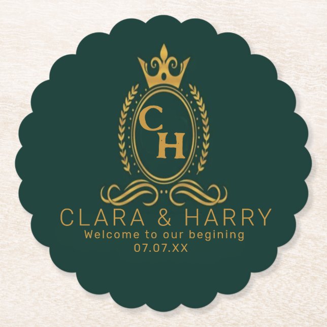 Posavasos De Papel Champagne gold minimal  lettering green weeding (Anverso)