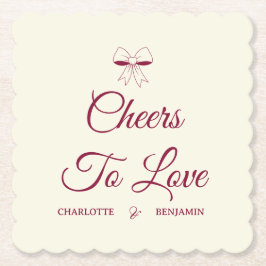 Posavasos De Papel Cheers To Love Burgundy Script Ivory Bow Wedding