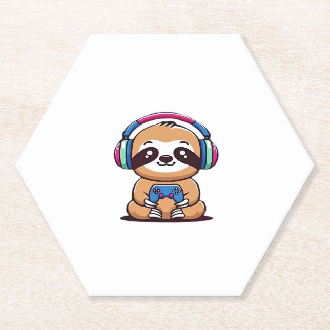 Posavasos De Papel Chibi Kawaii Sloth Gamer - Animal gracioso con (Anverso)