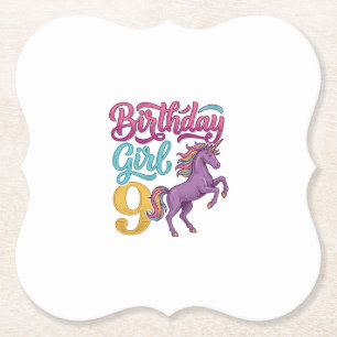 Posavasos De Papel Chica Cumpleaños 9 Unicornio Diseño de Grabado Vin