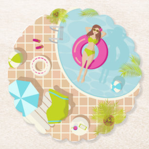 Posavasos De Papel Chica de la piscina en la playa de verano de bikin