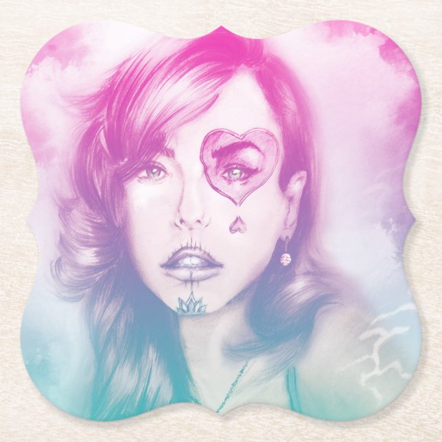 Posavasos De Papel Chica de maquillaje de cráneo de azúcar rosa, esca (Anverso)