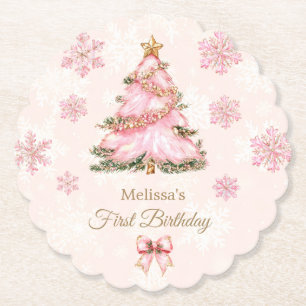 Posavasos De Papel Chica de Winter Onederland Cumpleaños 1 Rosa Copo 