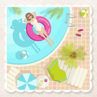Chica fiesta de la piscina en la playa de verano d