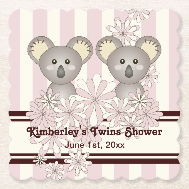 Posavasos De Papel Chica gemelo rosado Koala Baby Shower / Cumpleaños (Anverso)