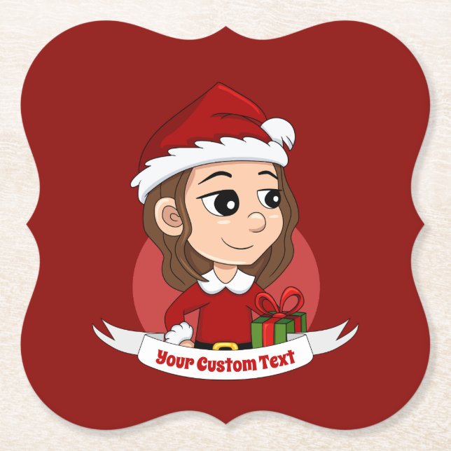 Posavasos De Papel chica navidad con pelo ondulado marrón (Anverso)