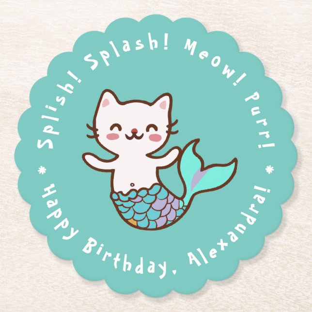 Posavasos De Papel Chica Sirena Gato Cumpleaños Meowmaid Azul Purrmai (Anverso)