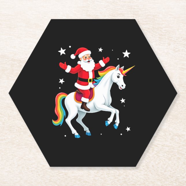 Posavasos De Papel Chicas de navidad de Santa Riding, unicornio (Anverso)