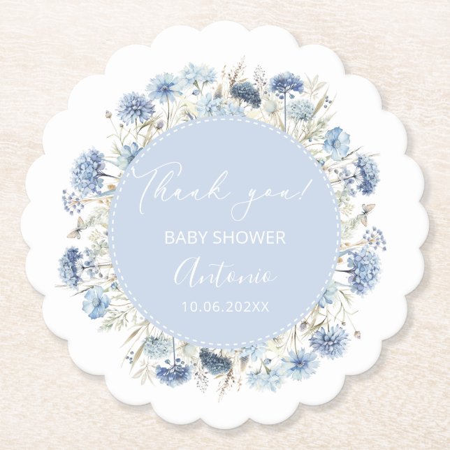 Posavasos De Papel Chico chica ducha de bebé acuarela azul (Anverso)