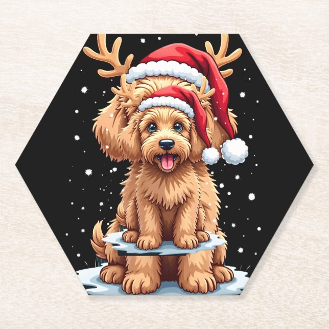 Posavasos De Papel Christmas Goldendoodle Dog Reindeer Holiday Doodle (Anverso)