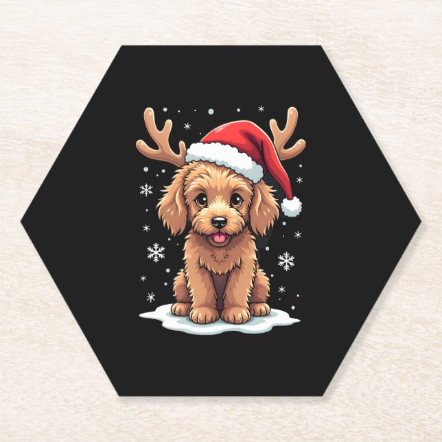 Posavasos De Papel Christmas Goldendoodle Dog Reindeer Holiday Doodle (Anverso)