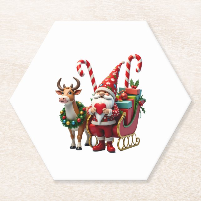 Posavasos De Papel Christmas Light Gnome Santa Claus Riding Sleigh Hi (Anverso)