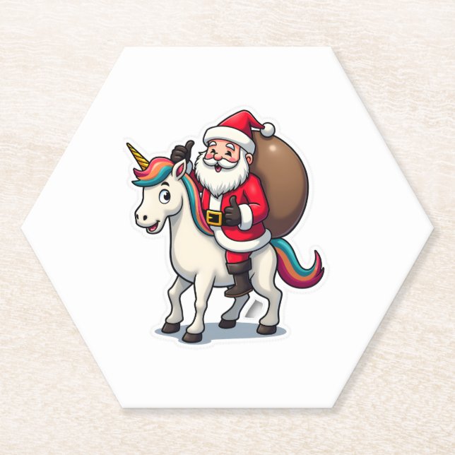 Posavasos De Papel Christmas Santa Claus Riding Unicorn - Xmas Girls  (Anverso)