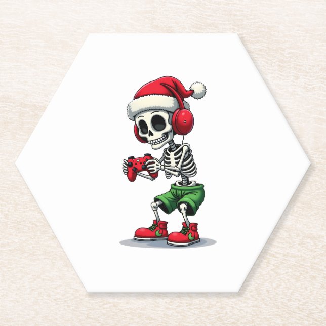 Posavasos De Papel Christmas skeleton Gamer Pajamas xmas skull gaming (Anverso)