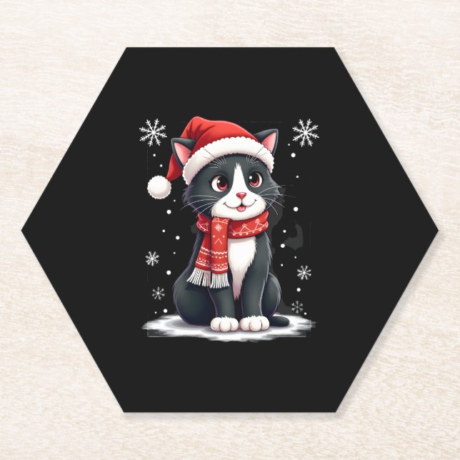 Posavasos De Papel Christmas Tuxedo Cat Santa Scarf Ugly Xmas Women G (Anverso)