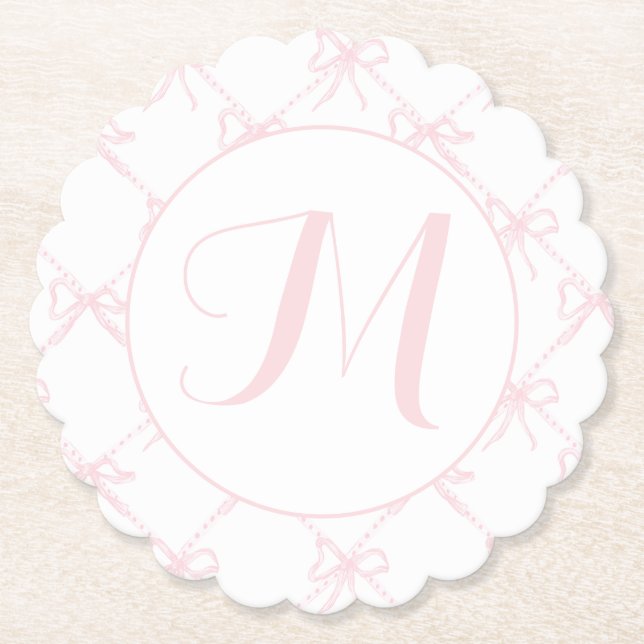 Posavasos De Papel Cinta rosa y blanca monogramada, Personalizado de  (Anverso)