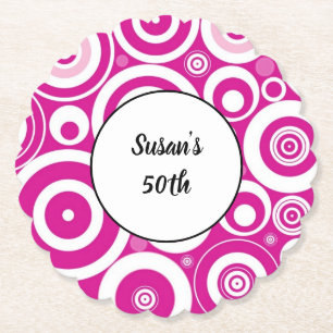 Posavasos De Papel Círculos retro concéntrico de color blanco rosado