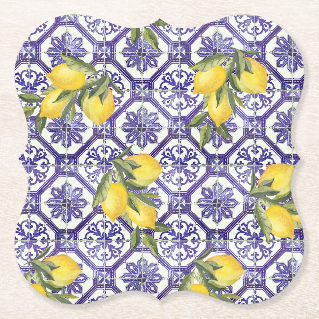 Posavasos De Papel Citrus Lemon Blue Portugal Tile Mediterráneo (Anverso)