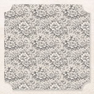 Posavasos De Papel Clásico de Flores Grabadas en Blanco y Negro Carbó