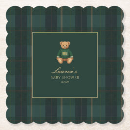 Posavasos De Papel Classic Green Plaid Bear Baby Shower 