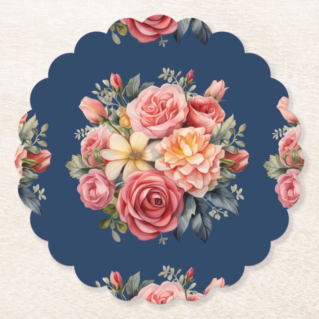 Posavasos De Papel Classic Pink Roses Floral on a Blue Background (Anverso)