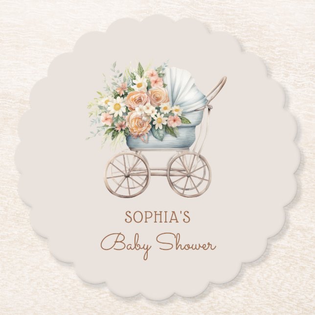 Posavasos De Papel Cochecito de Bebé Floral Boho Fiesta de Bienvenida (Anverso)