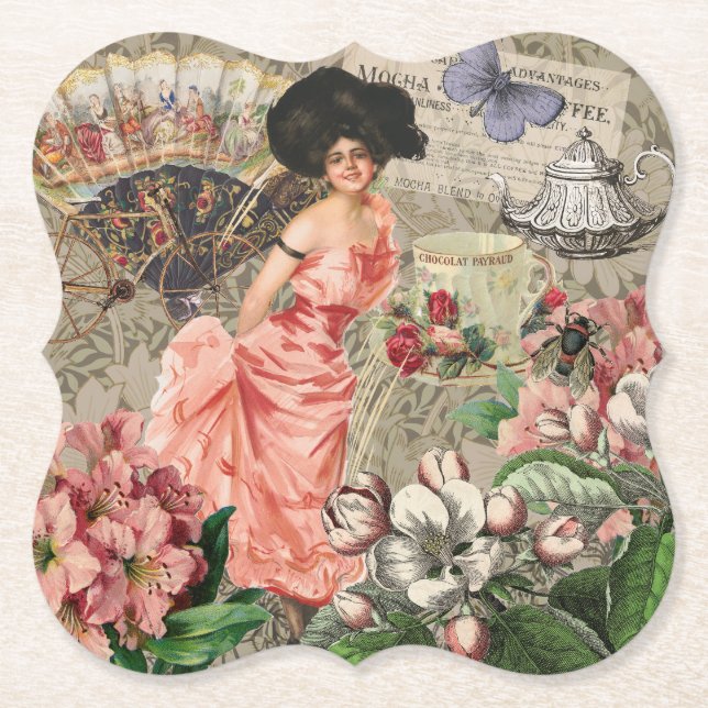 Posavasos De Papel Coffee Lady Victorian Mujer Rosa Clásica (Anverso)