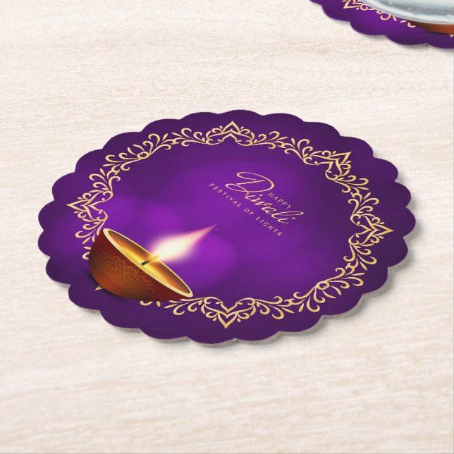Posavasos De Papel Coincidiendo Feliz Diwali Redondo de vieiras púrpu (En perspectiva)