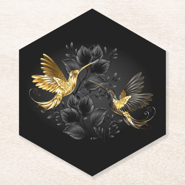 Posavasos De Papel Colibrí negro y dorado (Anverso)