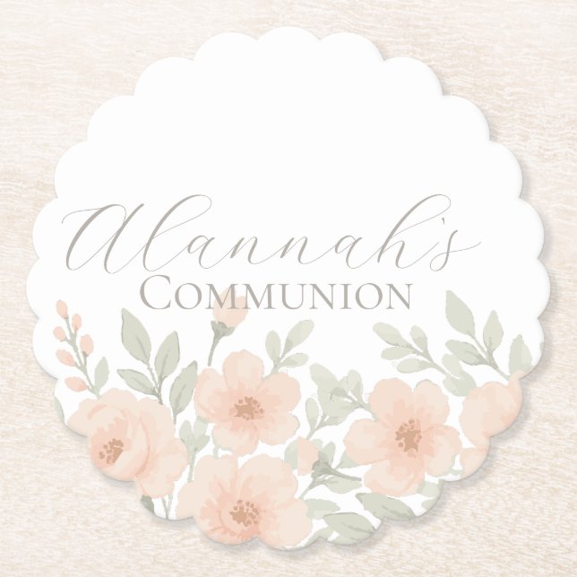 Posavasos De Papel Comunión floral personalizada pastel (Anverso)