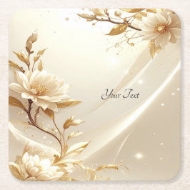 Posavasos de papel con flores blancas y doradas