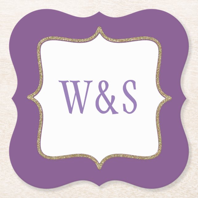 Posavasos de papel con monograma morado para boda (Anverso)