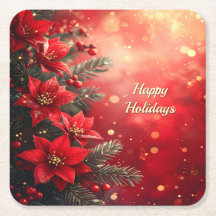 Posavasos de papel con poinsettias y bayas rojas