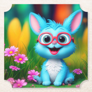 Posavasos De Papel Conejito azul sonriente lindo con lentes de gafas-