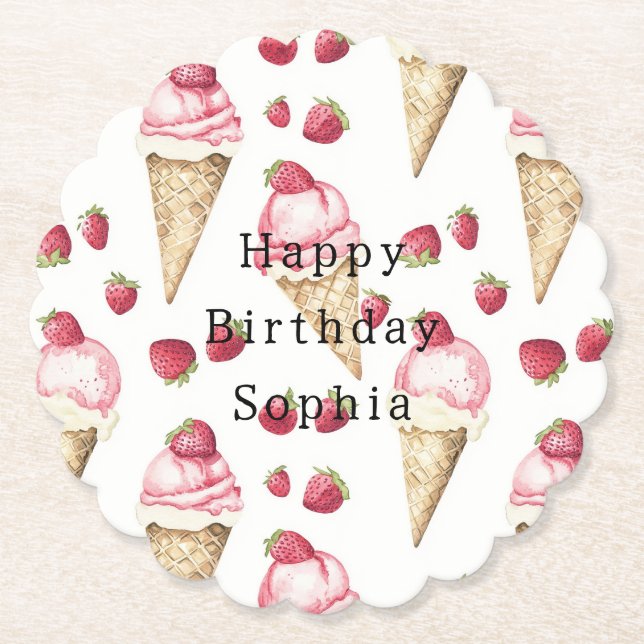 Posavasos De Papel Conos de Helado de Fresa Cumpleaños (Anverso)