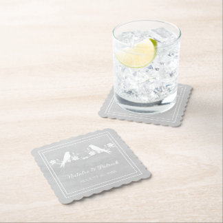 Posavasos De Papel Copos de papel de Boda floral Gray Lovebird