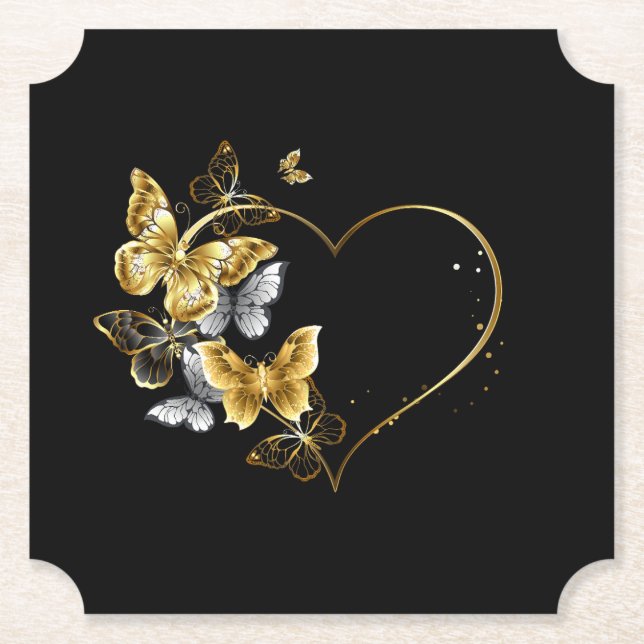 Posavasos De Papel Corazón con mariposas doradas (Anverso)