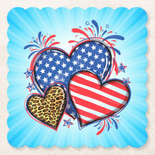 Posavasos De Papel Corazón de bandera americana estampado de leopardo