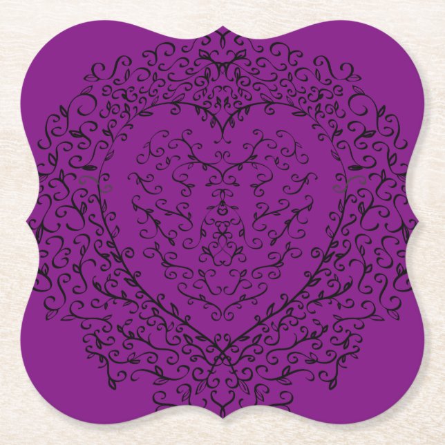 Posavasos De Papel Corazón de Boda gótico morado y negro (Anverso)