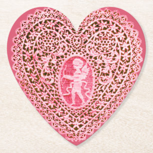 Posavasos De Papel CORAZÓN DE ENCAJE DE CUPIDO EN FLORAL ROJO ROSA Dí