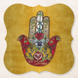 Posavasos De Papel Corazón de Granada Rojo de Pájaro Hamsa Rubí